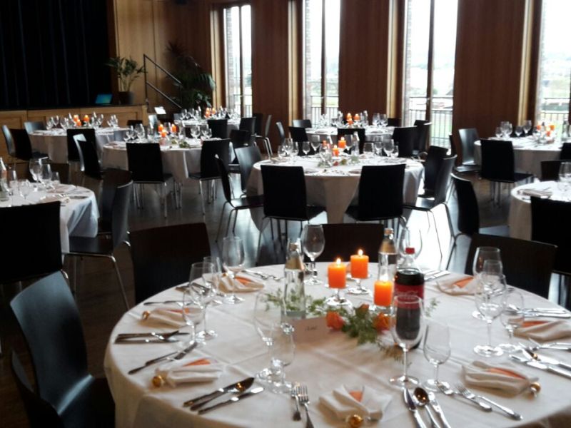 Decorated banquet tables in hall
