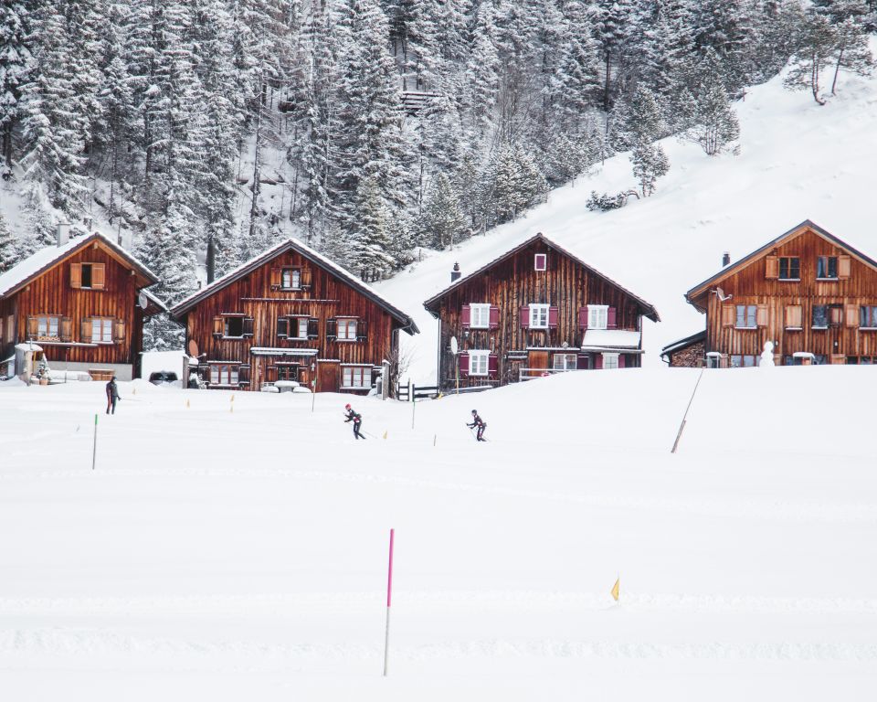 Wooden houses in a snowy mountain village